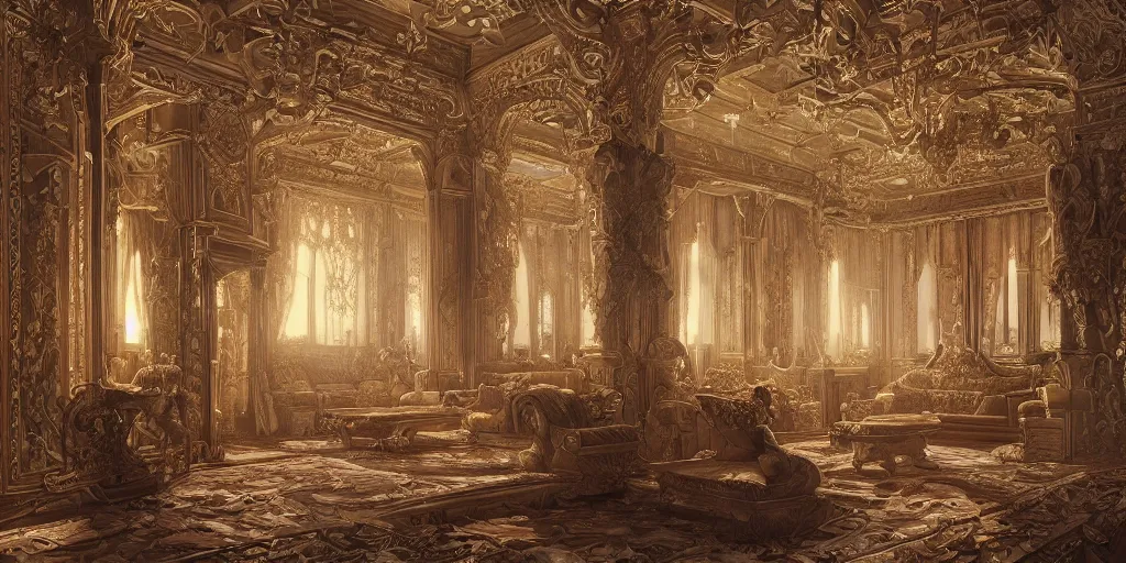 Prompt: a finely detailed painting of the interior of a late Victorian mansion, intricate, elegant, highly detailed, ornate, ornament, sculpture, elegant , luxury, beautifully lit, ray trace, octane render in the style of Peter Mohrbacher and Peter Gric