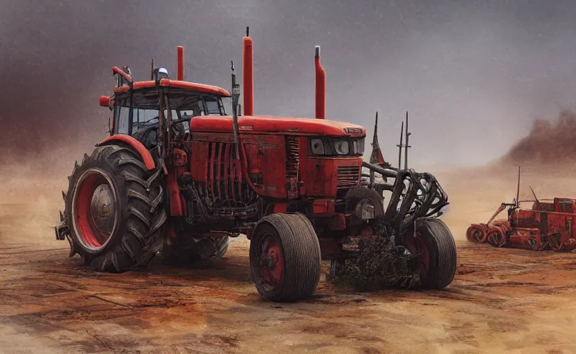 Image similar to a highly detailed beautifuly rendered, tractor that pulls a tank, thick dust and red tones, bladerunner, cyberpunk, lost city, hyper - realistic environment, epic concept art