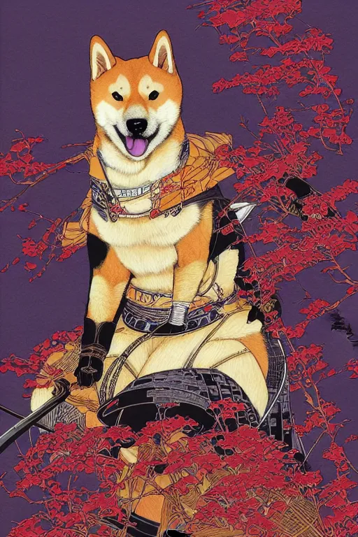 Image similar to poster of a shiba inu as a samurai, by yoichi hatakenaka, masamune shirow, josan gonzales and dan mumford, ayami kojima, takato yamamoto, barclay shaw, karol bak, yukito kishiro