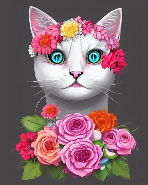 Prompt: a white cat with a pink flower on its head, a digital painting by Jeremiah Ketner, featured on zbrush central, furry art, made of flowers, digital painting, digital illustration