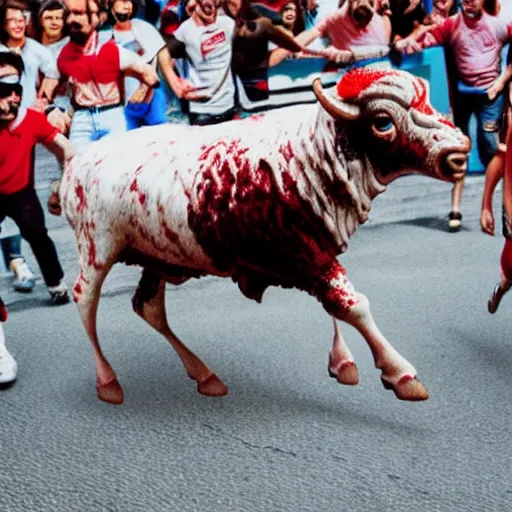 Image similar to close up of screaming bob ross running from the bulls in pamplona spain