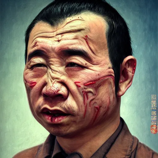 Image similar to photorealistic face portrait of chinese uyghur muslim prisoner, paint, wearing victorian rags, elite, disfigured, drooling, moist, unnatural movement, they are unhappy, bizzaro, renaissance, by emedios varo and anato finnstark and fenghua zhong and giacometti, hyperrealism, 8 k, 3 d, masterpiece, texture