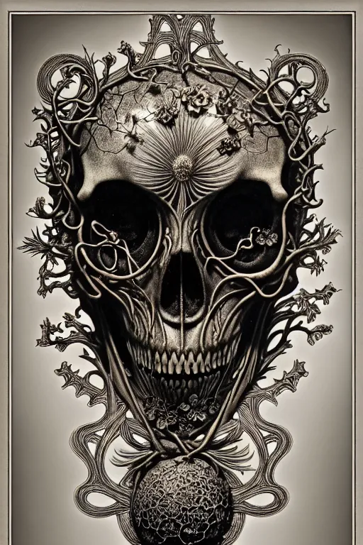 Image similar to art forms of nature by ernst haeckel, memento mori by arthur rackham, ornate antique porcelain beautiful skull mask, ultrasharp, photorealistic, hyperdetailed, octane render, polished, art nouveau, neo - gothic, gothic, intricate ornamental organic filigree, art nouveau botanicals, art forms of nature by ernst haeckel, horizontal symmetry, symbolist, visionary