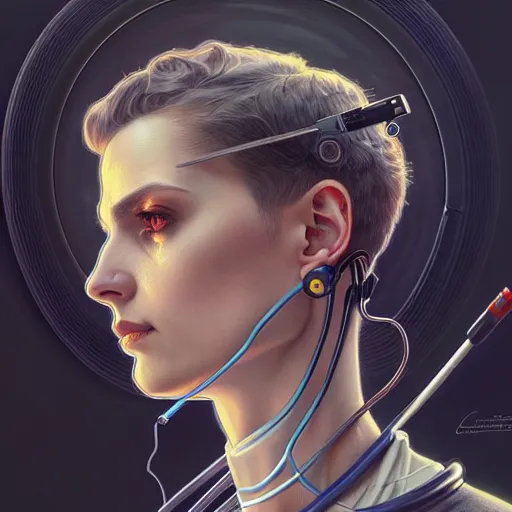 Image similar to portrait of medical paramedic cyborrg,wires,gadgets,cables,lenses,gears intricate, elegant, highly detailed, digital painting, artstation, concept art, smooth, sharp focus, illustration, art by artgerm and greg rutkowski and alphonse mucha