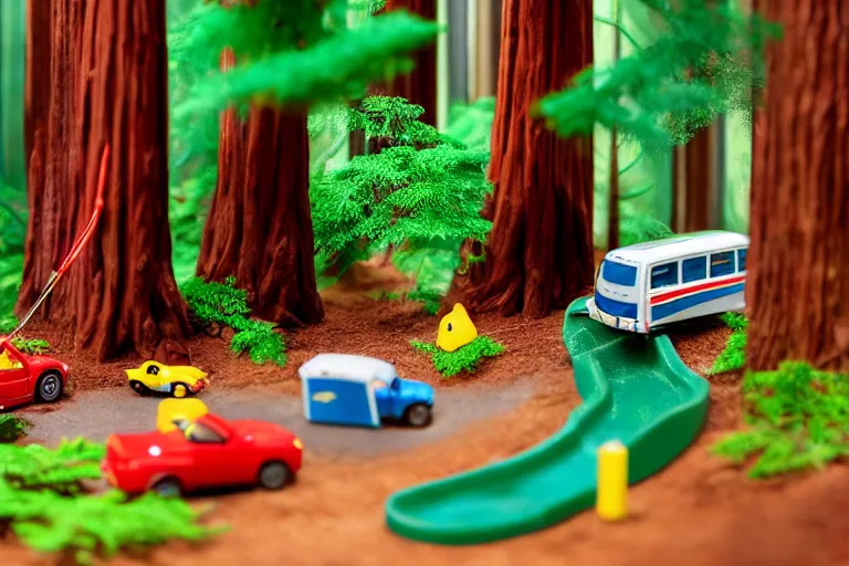 Image similar to fisher price redwood forest, california scene from tv show hyper detailed 5 5 mm 8 5 mm, toy photography, made out of plastic