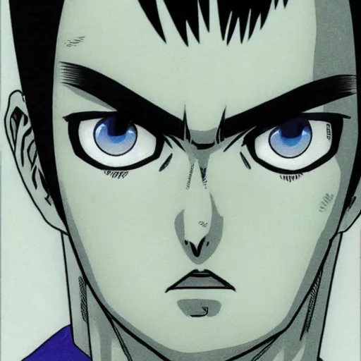 Image similar to A Manga Character with black spikey hair, Big Blue Eyes, by Junji Ito