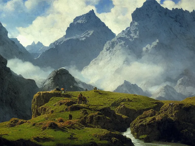 Image similar to an oil painting of an alpine river and a distaint mountain in Scotland on a beautiful morning by beksinski carl spitzweg and tuomas korpi. baroque elements, full-length view. baroque element. intricate artwork by caravaggio. Trending on artstation. 8k