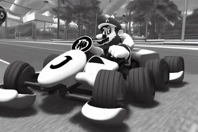 Image similar to gigachad in mario kart, ingame screenshot, black and white, high detailed