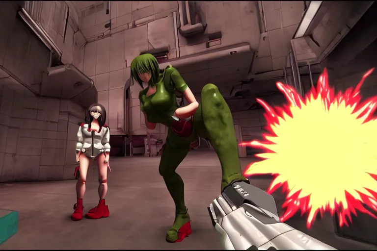 Image similar to an anime girl in a screenshot of the video game doom, the anime girl is crouching