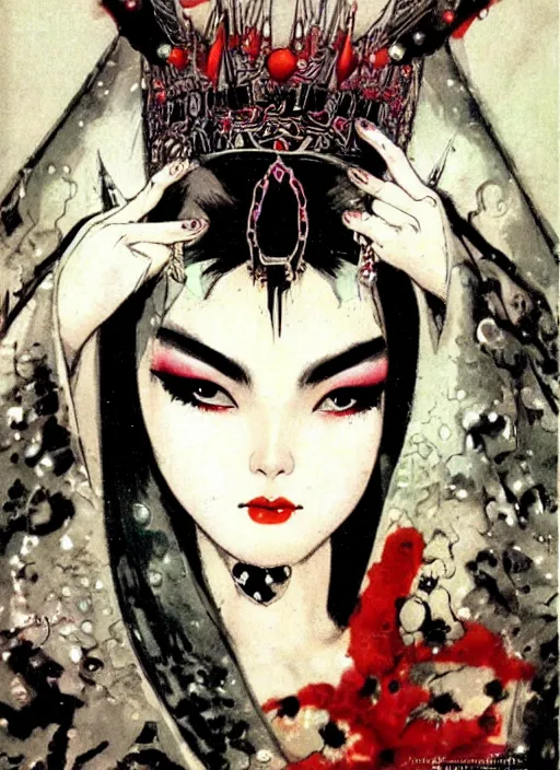 Image similar to female korean vampiress, jeweled headdress, heavy mascara, strong line, saturated color, beautiful! coherent! by frank frazetta, high contrast, minimalism