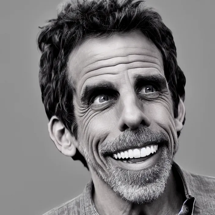 Prompt: portrait of ben stiller, smiling towards the camera. getting 2 years younger. detailed, 4 k, morning hour.