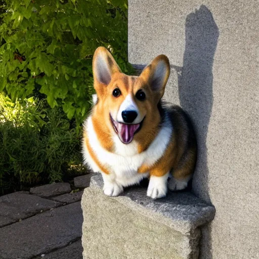 Prompt: corgi gargoyle made of stone, uncropped, photography