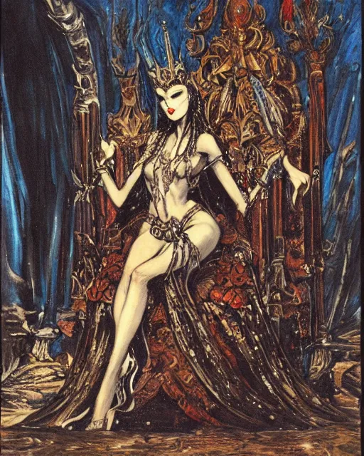 Image similar to an illustration of a dark queen on a throne at night by marc davis and by gustave moreau, realistic, gouache, painting