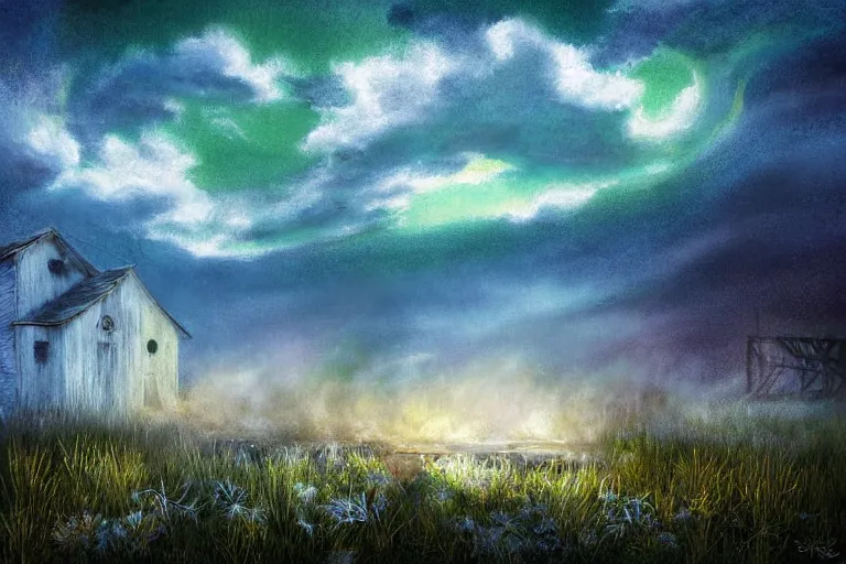 Prompt: nocturnal landscape view of an iridescent spray of clouds coming out from a water well near an old wood cottage in a desolate wasteland full of overgrown strange vegetation. detailed, soft light, sharp focus, intricate, trending artstayion, digital art