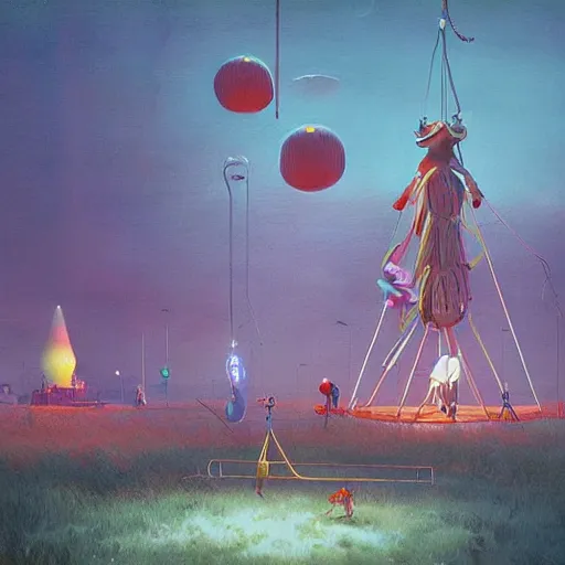 Image similar to A weird circus, by Simon Stålenhag, Makoto Shinkai and Bruce Pennington