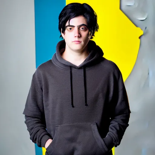 Prompt: a fine art portrait of a young man with black hair and an asymmetrical face. He has visible Bags under his eyes. He is wearing a high vis hoodie. In the style of Stanley Kubrick and Wes Anderson, Art directed by Edward Hopper.