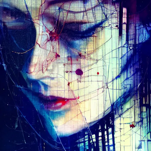 Image similar to portrait of a beautiful young woman cyber dreamer glitchcore wires, machines, by jeremy mann, francis bacon and agnes cecile, and dave mckean ink drips, paint smears, digital glitches glitchart