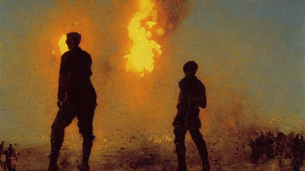 Prompt: high quality high detail painting by ilya repin, silhouette of man standing in front of huge explosion, hd