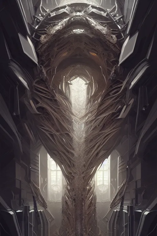 Prompt: professional concept art symmetrical portrait of a horrendous mechanical predatory fractal! species in a dark room by artgerm and greg rutkowski. an intricate, elegant, highly detailed digital painting, concept art, smooth, sharp focus, illustration, in the style of cam sykes.