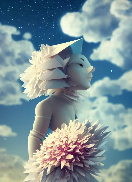 Image similar to background edge of space with puffy clouds are dusk, anthropomorphic paper woman wrapped in a flowing couture tissue paper, paper chrysanthemums, many origami stars, eery light, 3 d, very detailed, octane render, trending artstation, artgem