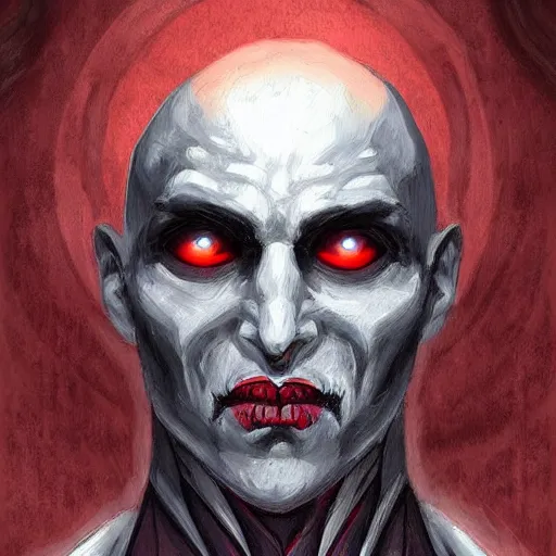 Image similar to d & d painting portrait necromancer man with bald head, red eyes, pallid skin, long flowing black and red robes. in style of tony sart