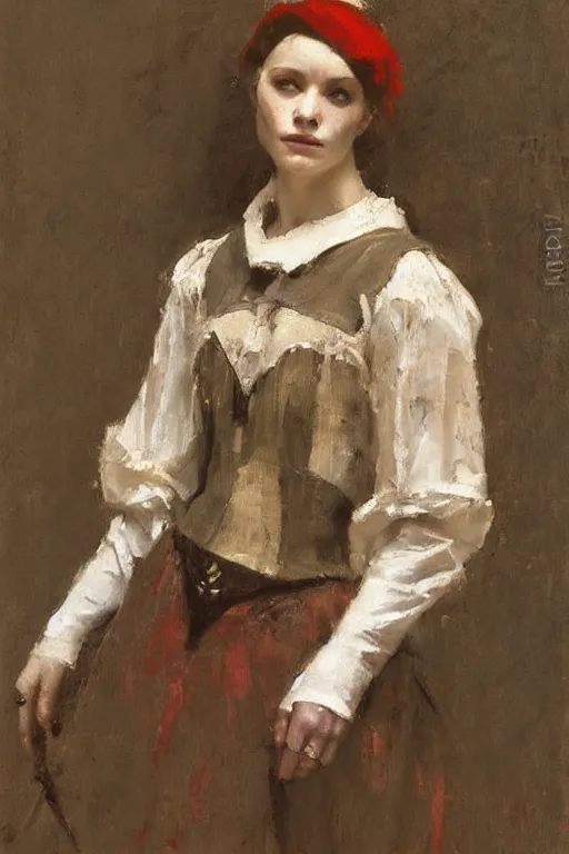 Image similar to Richard Schmid and Jeremy Lipking full length portrait painting of a young beautiful medieval jester woman