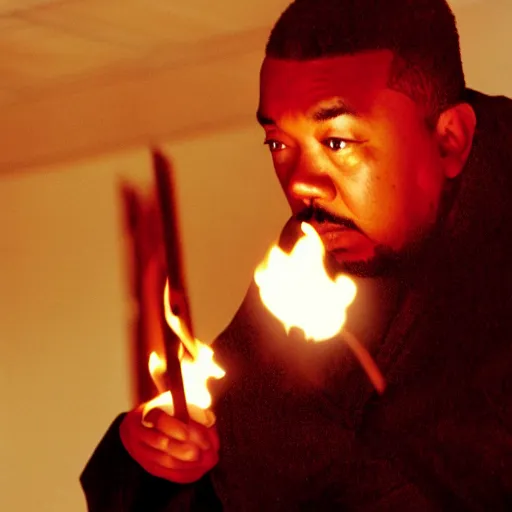 Image similar to cinematic film still of Timbaland starring as a Japanese Sensei with fire, Japanese CGI, VFX, 2003, 40mm lens, shallow depth of field, film photography