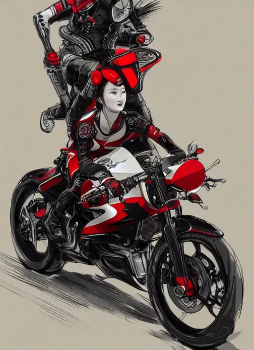 Prompt: maiko riding a motorbike, fluent composition, red white and black, concept art, ambient light, 4 k, intricate details, highly professionally detailed, cgsociety, highly detailed -