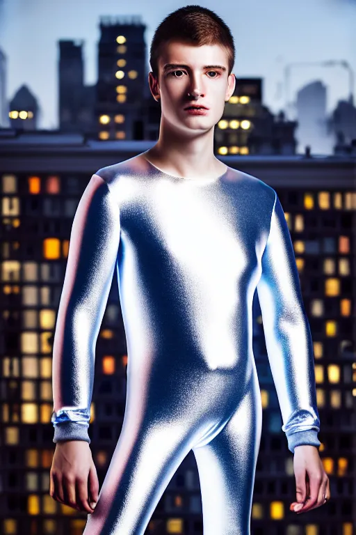 Image similar to un ultra high definition studio quality photographic art portrait of a young man standing on the rooftop of a british apartment building wearing soft baggy inflatable padded silver iridescent pearlescent clothing. three point light. extremely detailed. golden ratio, ray tracing, volumetric light, shallow depth of field. set dressed.