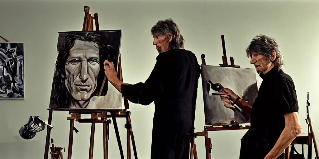 Image similar to pink floyd's roger waters, stands at his easel, painting a self portrait