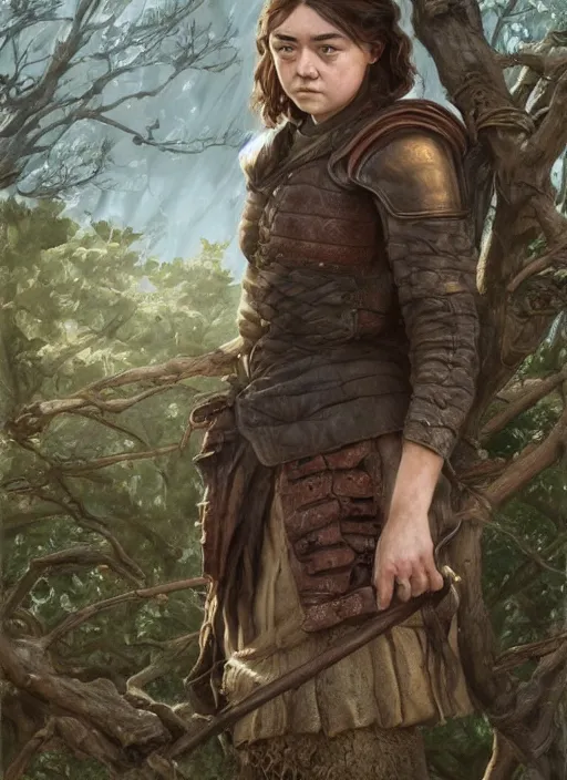 Image similar to tired Maisie Williams taking a rest under a tree after an long adventure a ruggedly muscled handsome heroine, intricate, elegant, highly detailed, centered, digital painting, artstation, concept art, smooth, sharp focus, illustration, artgerm, donato giancola, Joseph Christian Leyendecker, WLOP, Artgerm, thunder storm