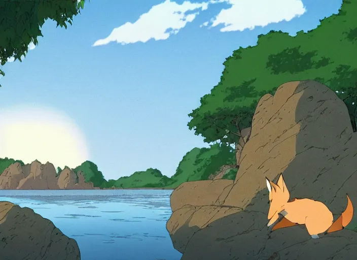 Prompt: bathed in sun, pleasing morning, appealing smooth flat rocky environment sunningrocks by the river's shore, sparse clearing, still placid environment matte painting from studio ghibli and the fox and the hound ( 1 9 8 1 )