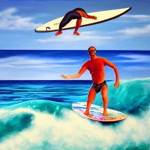 Image similar to a man riding a wave on top of a surfboard, a photorealistic painting by jerry weiss, shutterstock contest winner, naturalism, chillwave, fisheye lens, behance hd