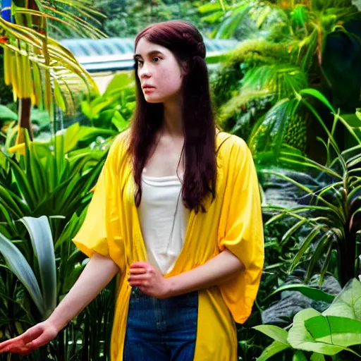 Image similar to photograph of an young woman wearing a yellow kimono in a tropical greenhouse, by james gurney, by john william waterhouse, Extremely detailed. 4K. 35mm lens