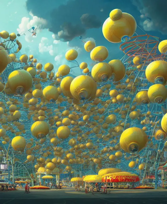 Image similar to a puffy inflated amusement park made out of fat seamless alien creatures, in the style of an aerodynamic obese robot, overgrown with thick orchids, partly cloudy, moody, dramatic lighting, by dan mumford, yusuke murata, makoto shinkai, ross tran, cinematic, unreal engine, cel shaded, featured on artstation, pixiv