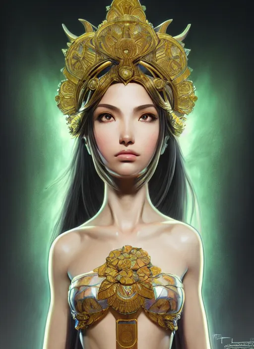 Prompt: portrait, head and torso only, palutena, concept art, digital illustration, by rossdraws, frank franzzeta, intricate, elegant, hyper detailed, ultra definition, photoreal, artstation, unreal engine rendered, concept art, smooth, sharp focus, illustration, art by artgerm and greg rutkowski and alphonse mucha and garis edelweiss