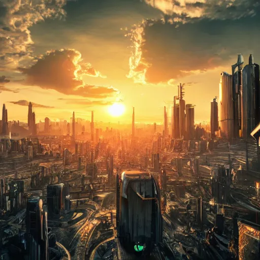 Image similar to sci-fi city landscape, sunset, photorealistic, 4k, high detail,