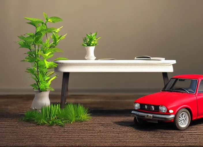 Image similar to a small miniature of a red Datsun 1200 on a white table near a book and a vase with a plant, 3d render, octane render, unreal engine 5, path tracing, serene landscape, calm, relaxing, beautiful landscape, highly detailed, high quality, 4k, symmetrical, low contrast