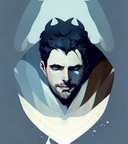 Image similar to portrait of cullen from dragon age with raven wings by atey ghailan, by greg rutkowski, by greg tocchini, by james gilleard, by joe fenton, by kaethe butcher, dynamic lighting, gradient light blue, brown, blonde cream and white color scheme, grunge aesthetic
