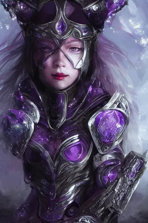 Image similar to portrait evilly white hair knights of Zodiac girl, metalic deep purple and black reflected armor, in ruined Agora of Athens thunder sparkling flash night, ssci-fi, fantasy, intricate, very very beautiful, elegant, highly detailed, digital painting, artstation, concept art, smooth, sharp focus, illustration, art by tian zi and WLOP and alphonse mucha