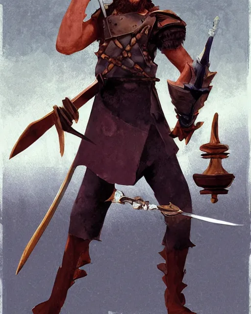 Prompt: hardwon surefoot [ naddpod ], hirsute human fighter with magical warhammer. full character concept art, realistic, high detail digital gouache painting by angus mcbride.