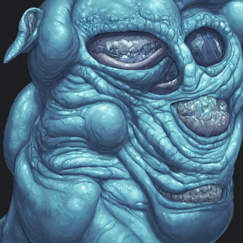 Image similar to portrait of a fat alien with blue skin. big smile. friendly alien. concept art. science fiction illustration. detailed face, beautiful colour palette. digital painting.