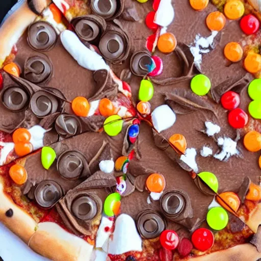 Prompt: pizza with nutella, skittles, gummi bears, and candy toppings, whipped cream