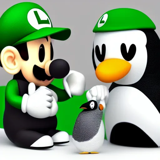 Image similar to luigi sitting next to penguin tux in front of a computer, cute digital art, 4 k