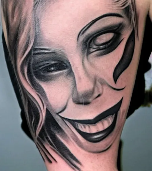 Prompt: tattoo design sketch of a beautiful blonde girl portrait with joker makeup, in the style of den yakovlev, realistic face, black and white, realism tattoo, hyper realistic, highly detailed