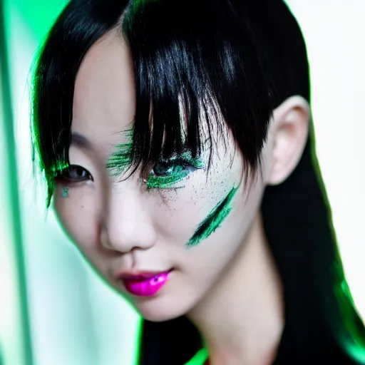 Prompt: close up portrait photo of a very beautiful young Chinese female model wearing cybergothic clothing, black hair with bright green streaks of hair, smiling coyly, golden hour in Manhattan, professional award winning portrait photography, Zeiss 150mm f/2.8 Hasselblad