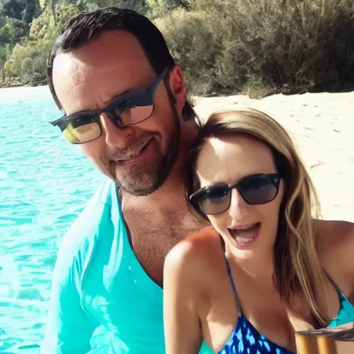 Prompt: photo of a 4 0 year old man that looks young for his age dating a very attractive 2 2 year old woman wearing a bikini. she is drinking a large bottle of water.