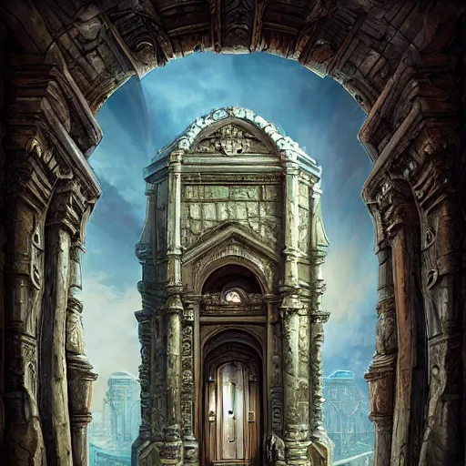 Image similar to carved futuristic door at the end of ancient ornate steps shows a large window to a city detailing the vast architectural scientific ancient and cultural acheivements of humankind, magical atmosphere, jorge jacinto, andreas rocha, damian kryzwonos, ede laszlo, christian reiske, trending on artsation, digital art, cinematic blue gold