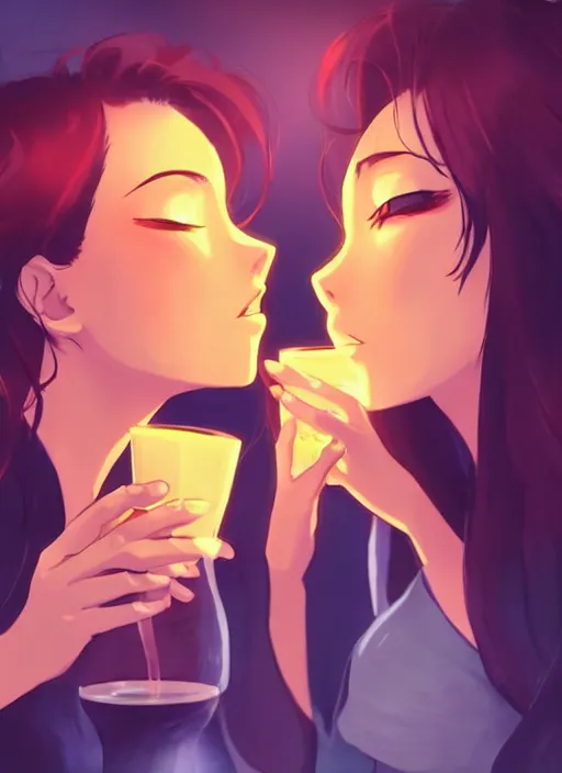 Image similar to two beautiful mothers drinking on a hot summer evening, gorgeous faces, thick lines, cinematic lighting, detailed anime art