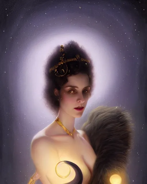 Image similar to Nocturne, glowing, stars, a portrait of a beautiful female shadow djinn creature with long fur collar, highly detailed, mysterious, ethereal, dressed in velvet and gold jewelry, haute couture, illustration, dramatic lighting, soft details, painting, by Edmund Blair Leighton, Brom, Charlie Bowater, trending on artstation, faces by Tom Bagshaw, otto schmidt